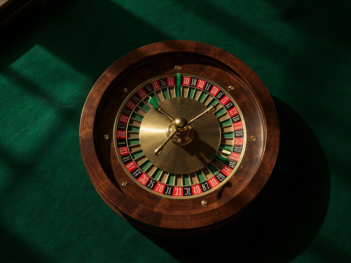 Overhead view of a double-zero American roulette wheel on green baize, the additional 00 pocket clearly visible opposite the green 0.