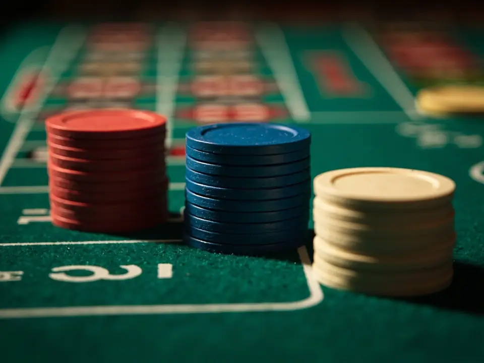 Close-up photograph of multiple coloured roulette chips arranged in the call-bet pattern on a green baize, distinct stacks of red, blue and cream chips placed in the voisins du zéro, tiers du cylindre and orphelins zones of the racetrack.