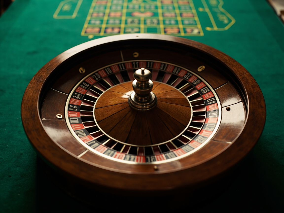Overhead view of a single-zero European roulette wheel on green baize, ivory and ebony frets clearly readable.