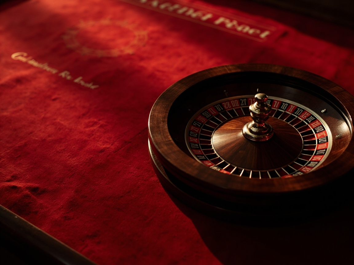 Three-quarter overhead photograph of a French roulette wheel on red baize felt, the wheel turned to show the red and black pocket sequence.