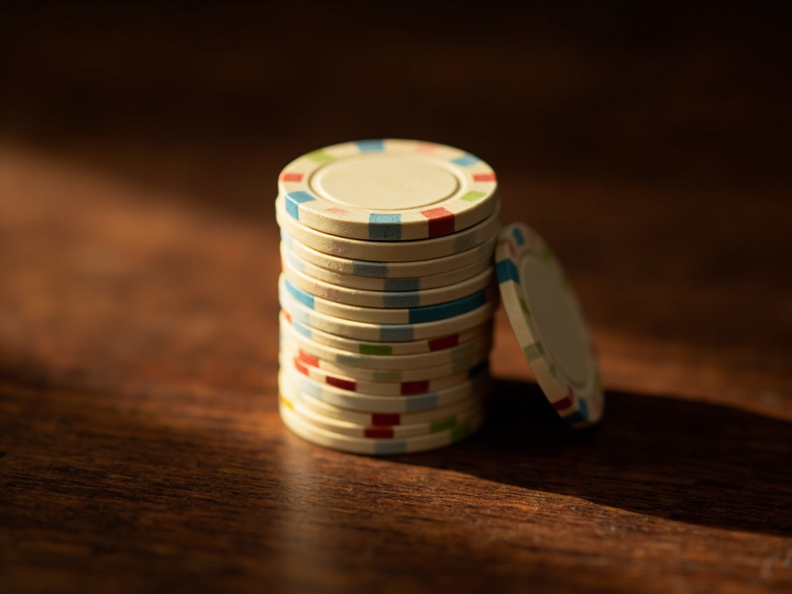 Editorial close-up photograph of a neat stack of five cream-coloured casino chips with a coloured edge band on a dark walnut surface, a single chip leaning against the stack as a visual anchor.