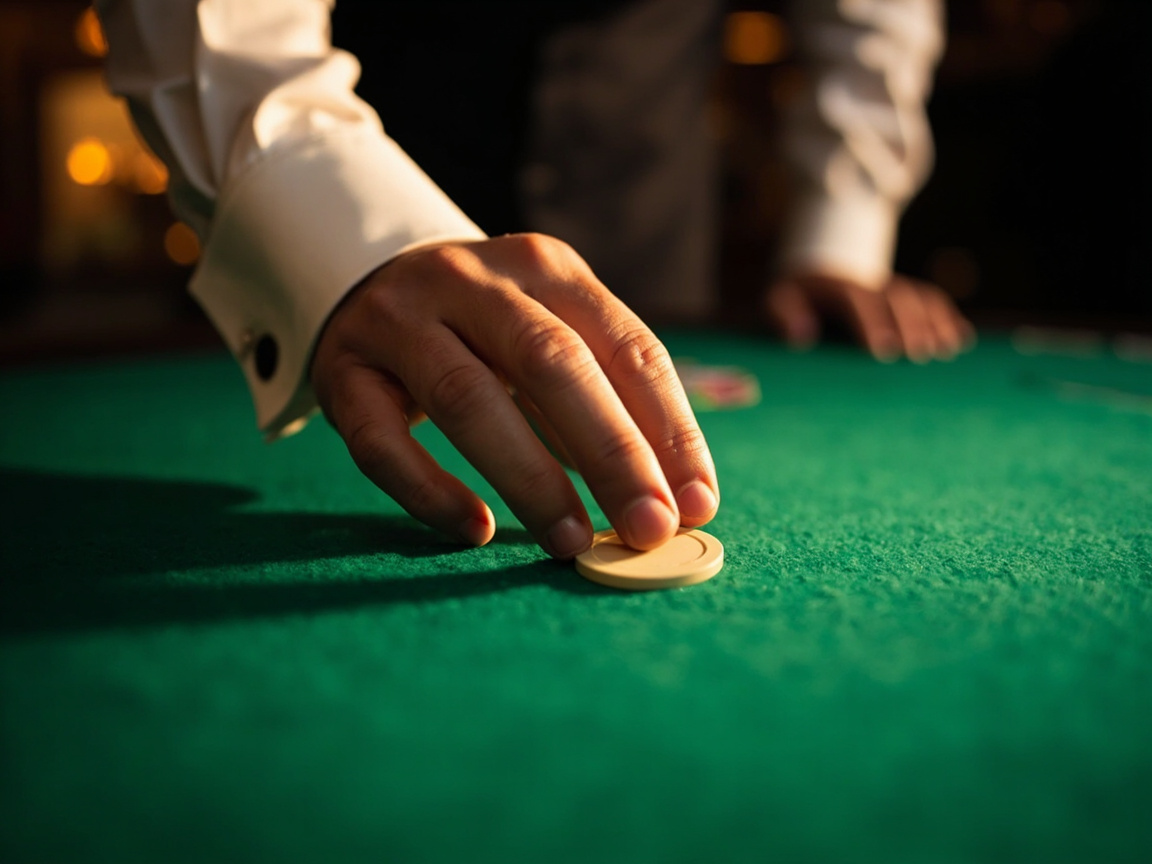 Editorial photograph of a croupier's hand in a white cuff sliding a cream chip across a green felt, the rest of the dealer cropped out so only the lower sleeve and hand are visible.