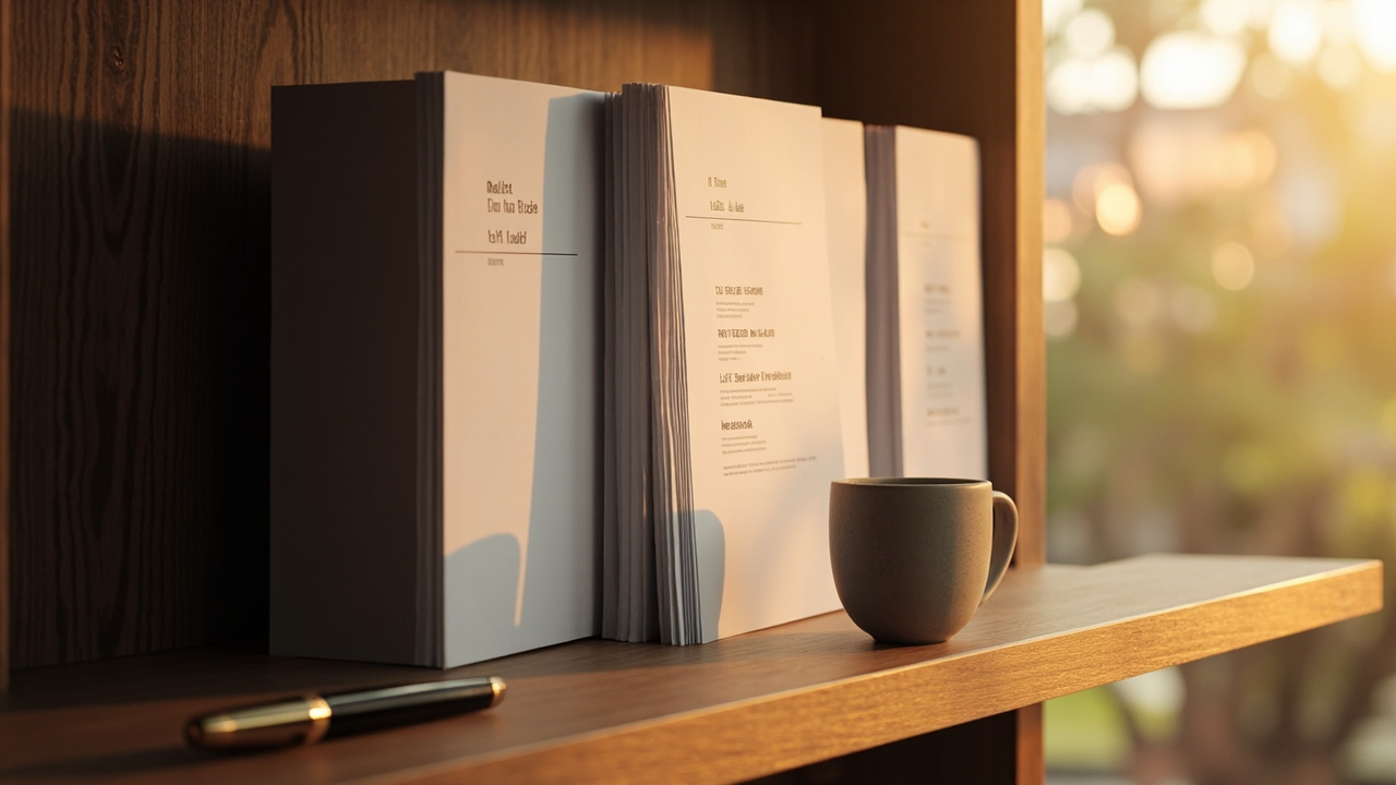 Editorial photograph of a row of slim press folders standing upright on a wooden shelf, the frontmost folder open showing a printed roulette regulation brief.