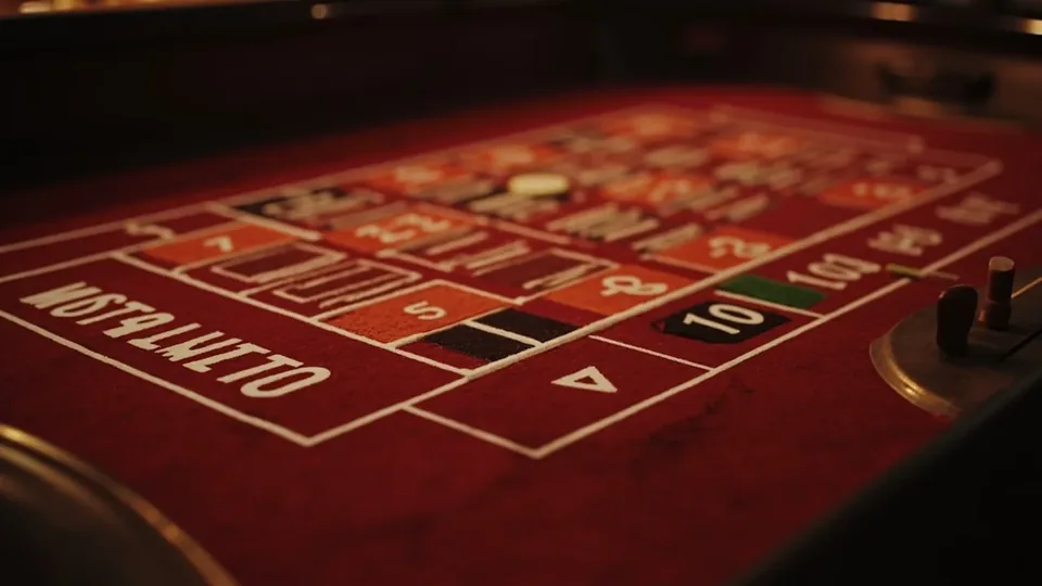 Overhead photograph of a roulette table felt layout with a single cream chip placed on a single number as a focal anchor.