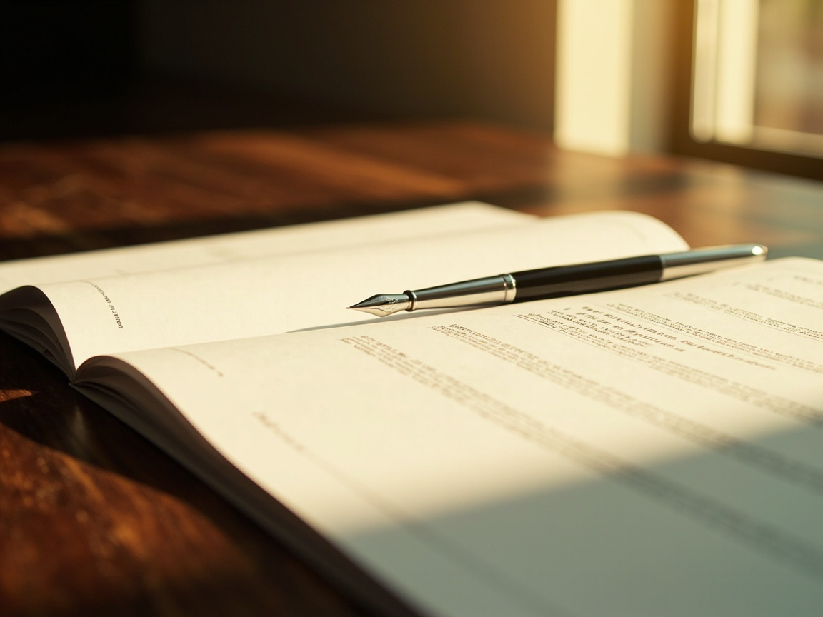 Editorial photograph of a printed regulation briefing document on a wooden desk, the document partly open with a fountain pen resting across it.