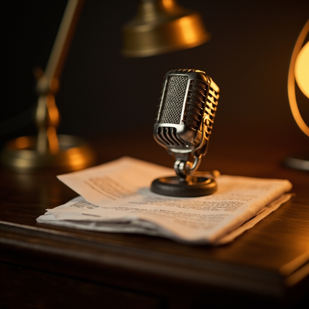 Editorial photograph of a vintage studio broadcast microphone on a desk stand beside a folded printed brief and a brass desk lamp.