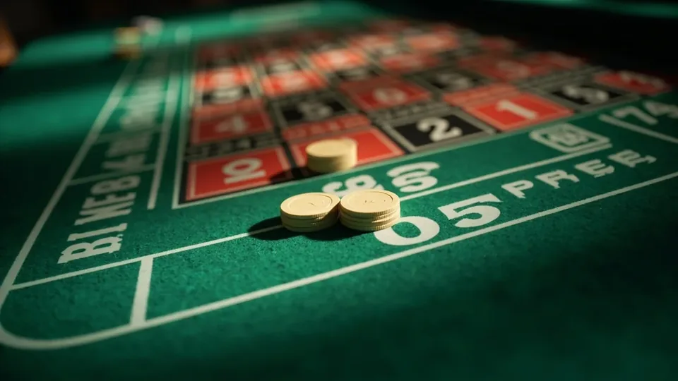 Photograph of the outside-bet band of a roulette table layout, dozens row and columns clearly visible with cream chips placed deliberately along a dozen row.