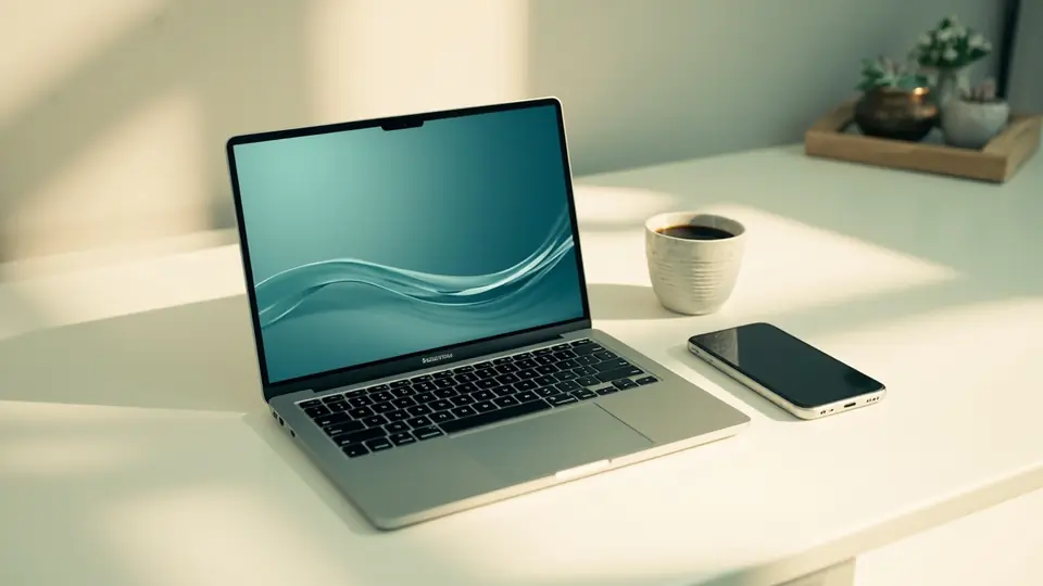 Photograph of a slim laptop and a smartphone side by side on a clean cream desk, both screens showing a roulette lobby in soft cool tones.