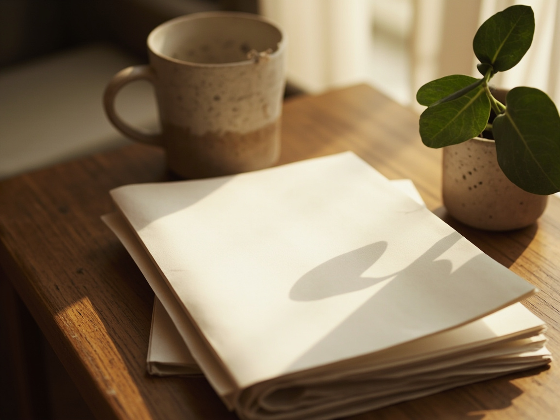 Editorial close-up photograph of a folded paper helpline leaflet resting on a wooden side table next to a ceramic mug and a small potted plant.