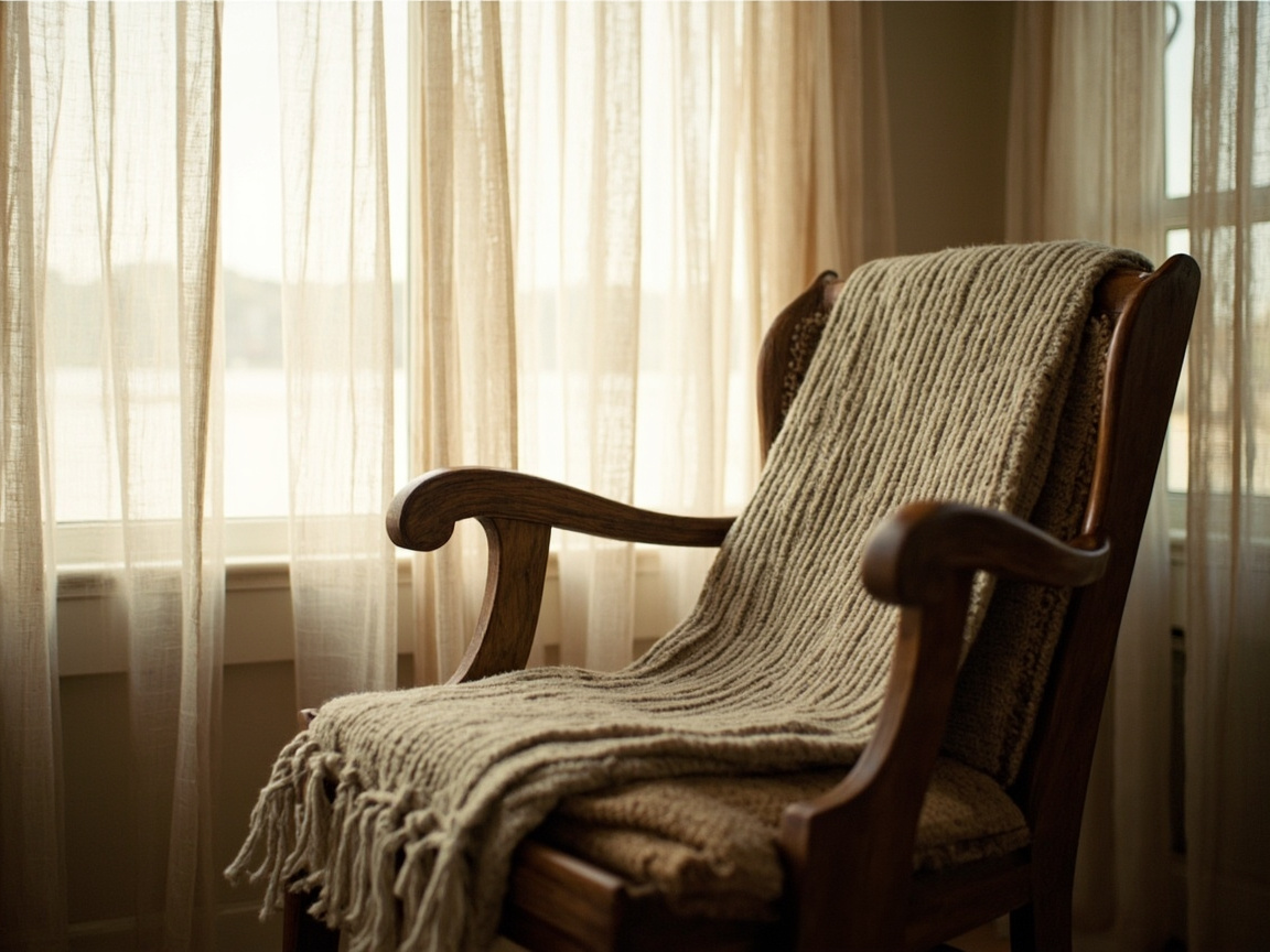 Editorial photograph of a wooden reading chair beside a tall window with sheer linen curtains, soft daylight pouring through, a folded throw blanket on the chair seat.