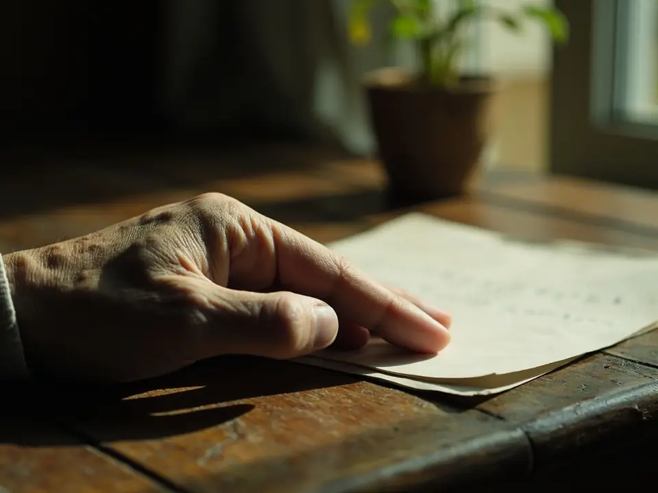Photograph of an older person's hand resting gently on a wooden tabletop near a folded paper leaflet, soft diffused window light, no face visible.