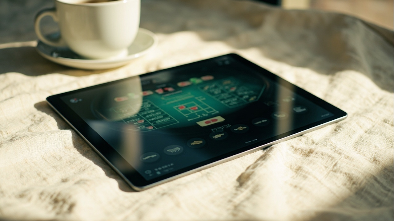 Editorial photograph of a tablet screen displaying a casino lobby with roulette games visible in soft cool tones.
