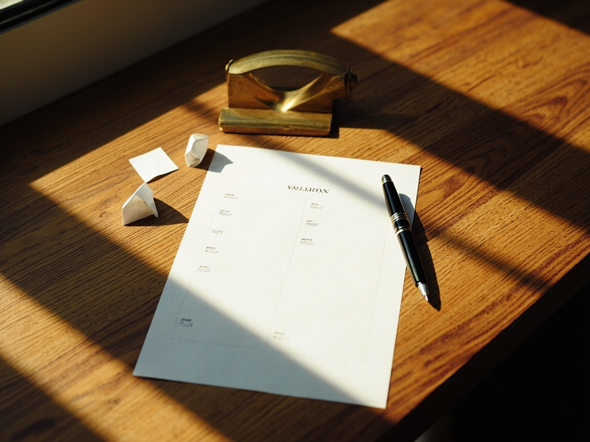 Editorial photograph of a wooden desk surface with a printed verdict sheet, a fountain pen and a brass paperweight, three small folded paper slips suggesting rating categories.