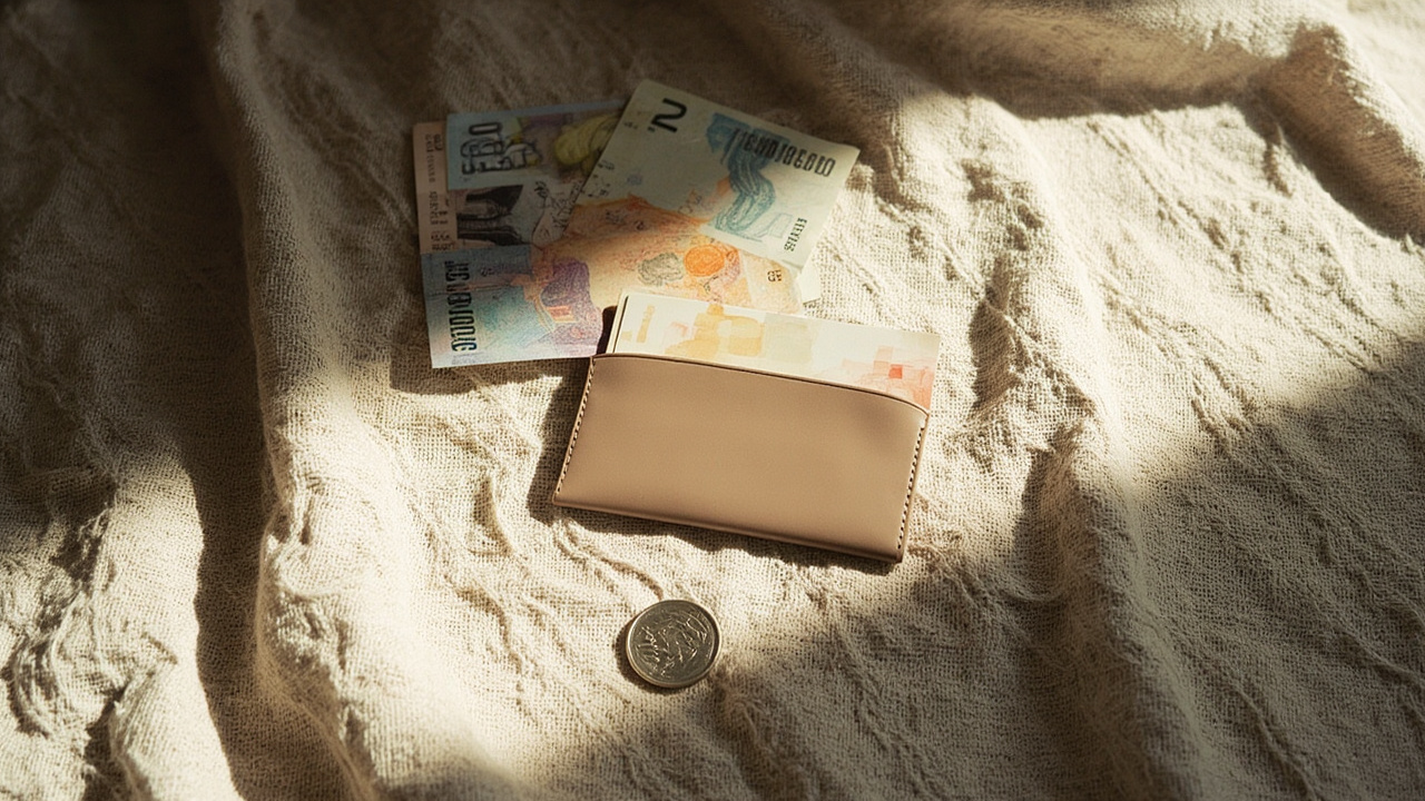 Editorial photograph of a flat-lay composition on a linen surface showing a slim cardholder, a few banknotes in muted colours and a coin.