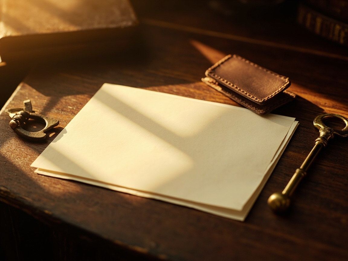 Editorial photograph of a sealed envelope on a wooden desk beside a brass key and a small leather card holder.