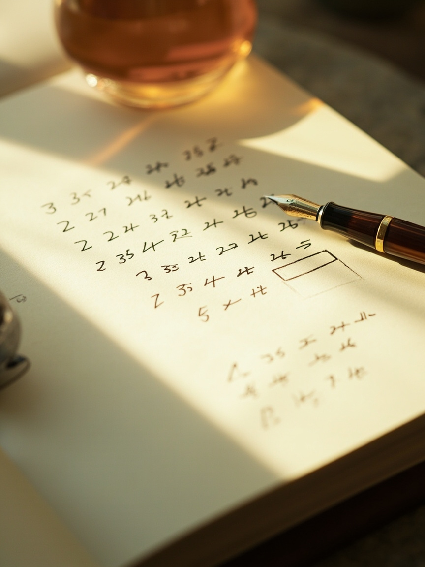 Editorial photograph of a notebook page showing neat handwritten columns representing a flat bet progression, a fountain pen resting across the page.