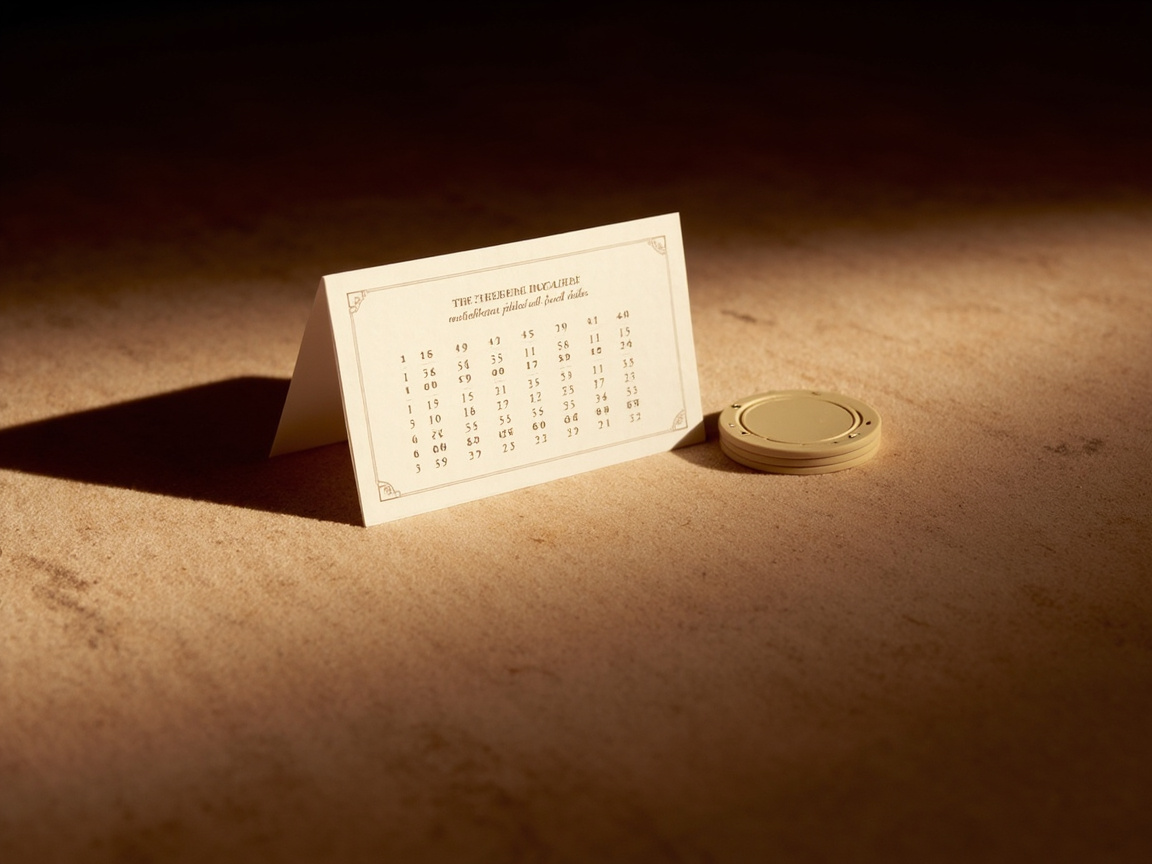 Editorial photograph of a small printed reference card listing roulette payouts and odds, the card resting on a felt surface beside a cream chip.