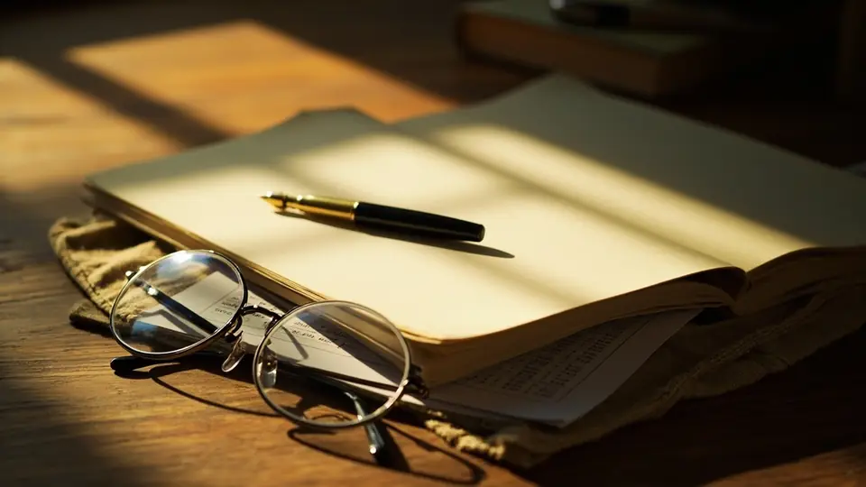 Photograph of an open linen-bound notebook on a warm wooden desk with a fountain pen across the page and a printed probability chart tucked partly under the notebook.