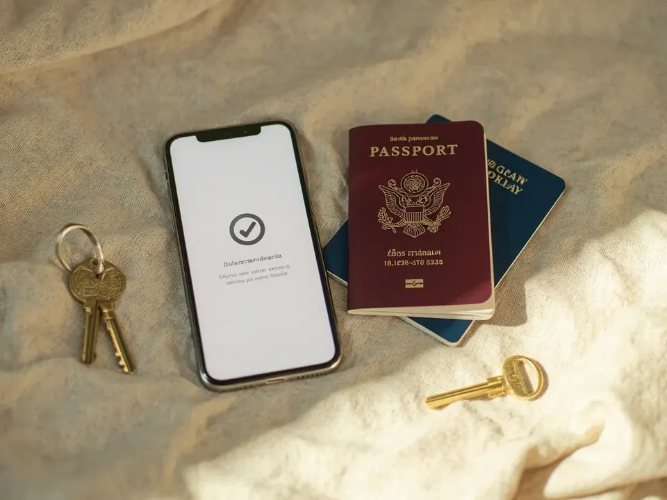Photograph of an open passport beside a smartphone displaying a verification step on its screen, both items resting on a clean linen surface.